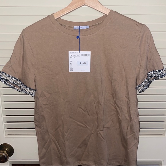 ZARA T-shirt with sleeve tweed trim - NWT - Picture 1 of 2